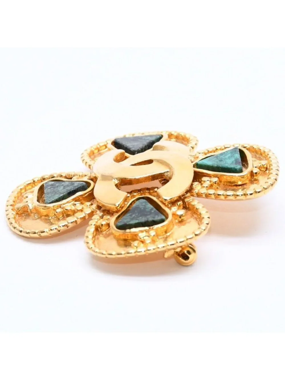 Chanel CC Logo Gripoix Brooch Clover Shape Color Stone Gold Green Metal Plated